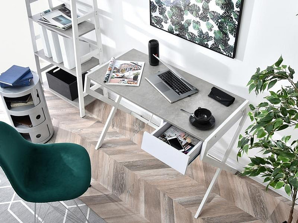 Íróasztalok és polcok DESIGNO fiókos, x-lábú íróasztal, beton-fehér 3