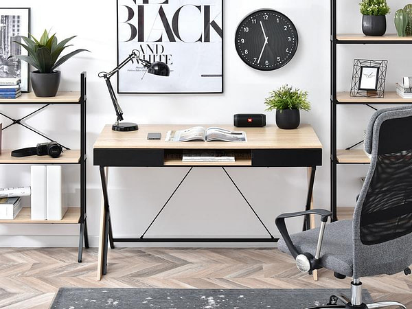 Íróasztalok és polcok HILDA fiókos, x-lábú skandináv íróasztal, sonoma tölgy-fekete 3