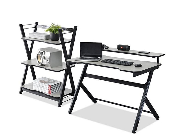 Íróasztalok és polcok ROSEL gamer asztal és polc, beton-fekete