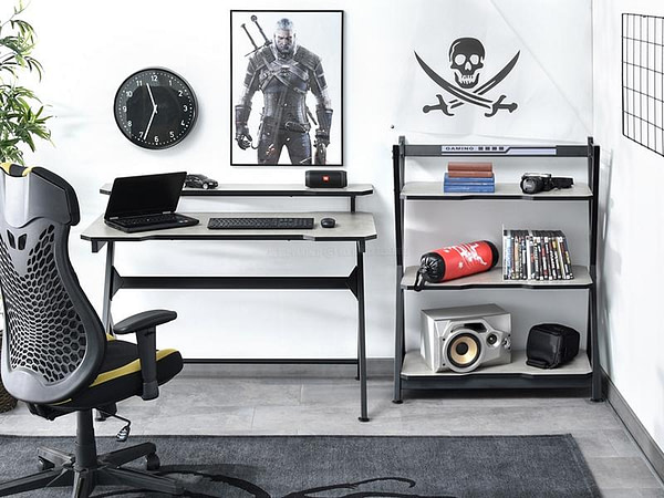 Íróasztalok és polcok ROSEL gamer asztal és polc, beton-fekete 3