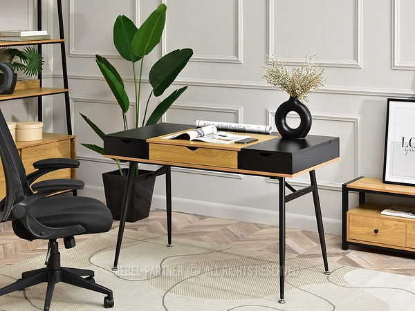 Íróasztalok és polcok BODEN fiókos íróasztal, fekete-tölgy-fekete 4