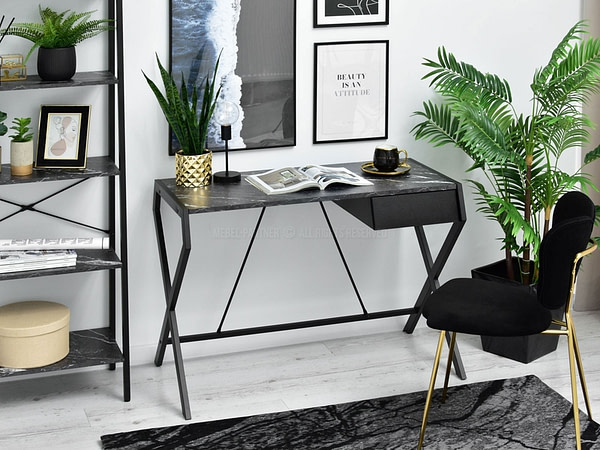 Íróasztalok és polcok DESIGNO fiókos, x-lábú íróasztal, fekete márvány-fekete 3